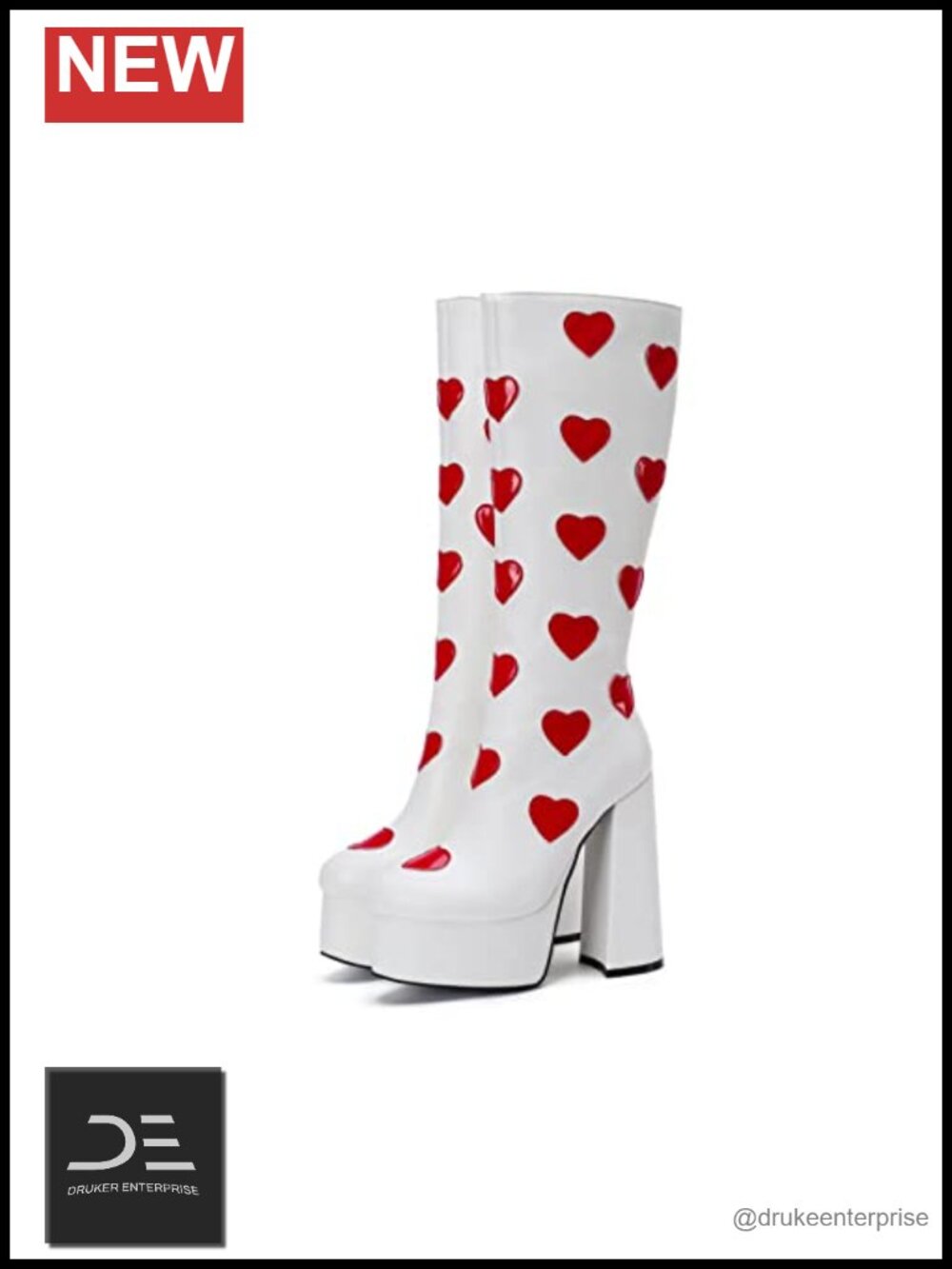 Large Size Knee High Boots with Block Heel White Red Patent Leather